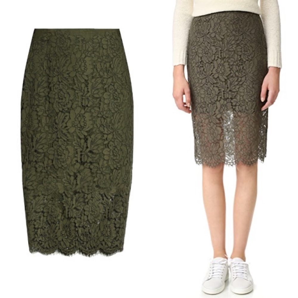 DVF “Glimmer” Lace Overlay Eyelash Trim Green Pencil Skirt Large